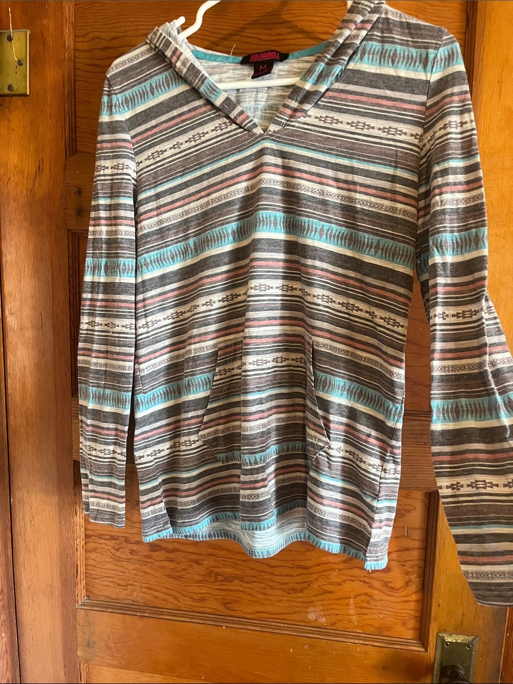 Striped Hooded Long Sleeve Tee with Front Pocket - Brown/Pink/Turquoise